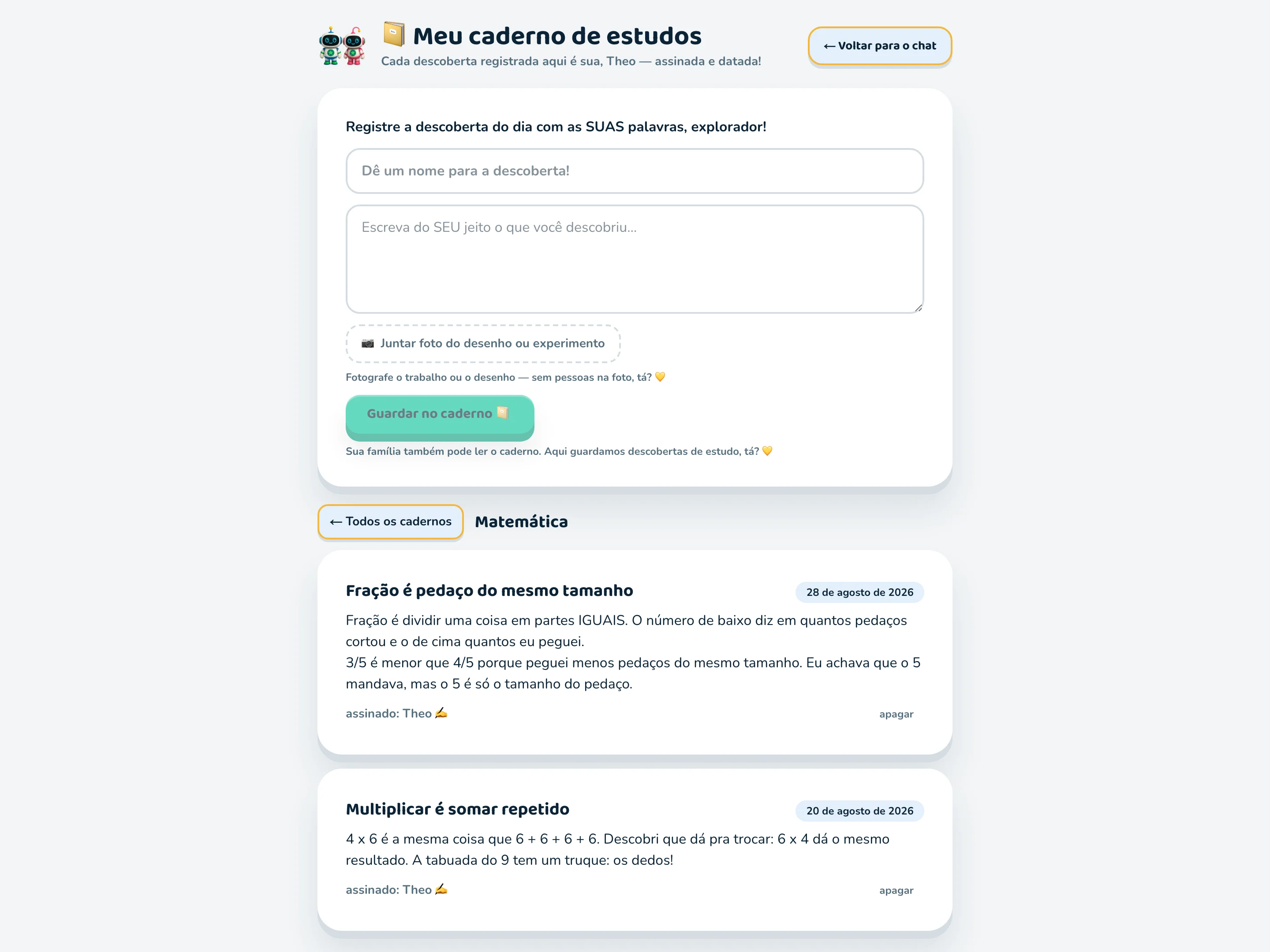 Caderno de estudos do Theo aberto em Matemática, com duas descobertas assinadas e datadas