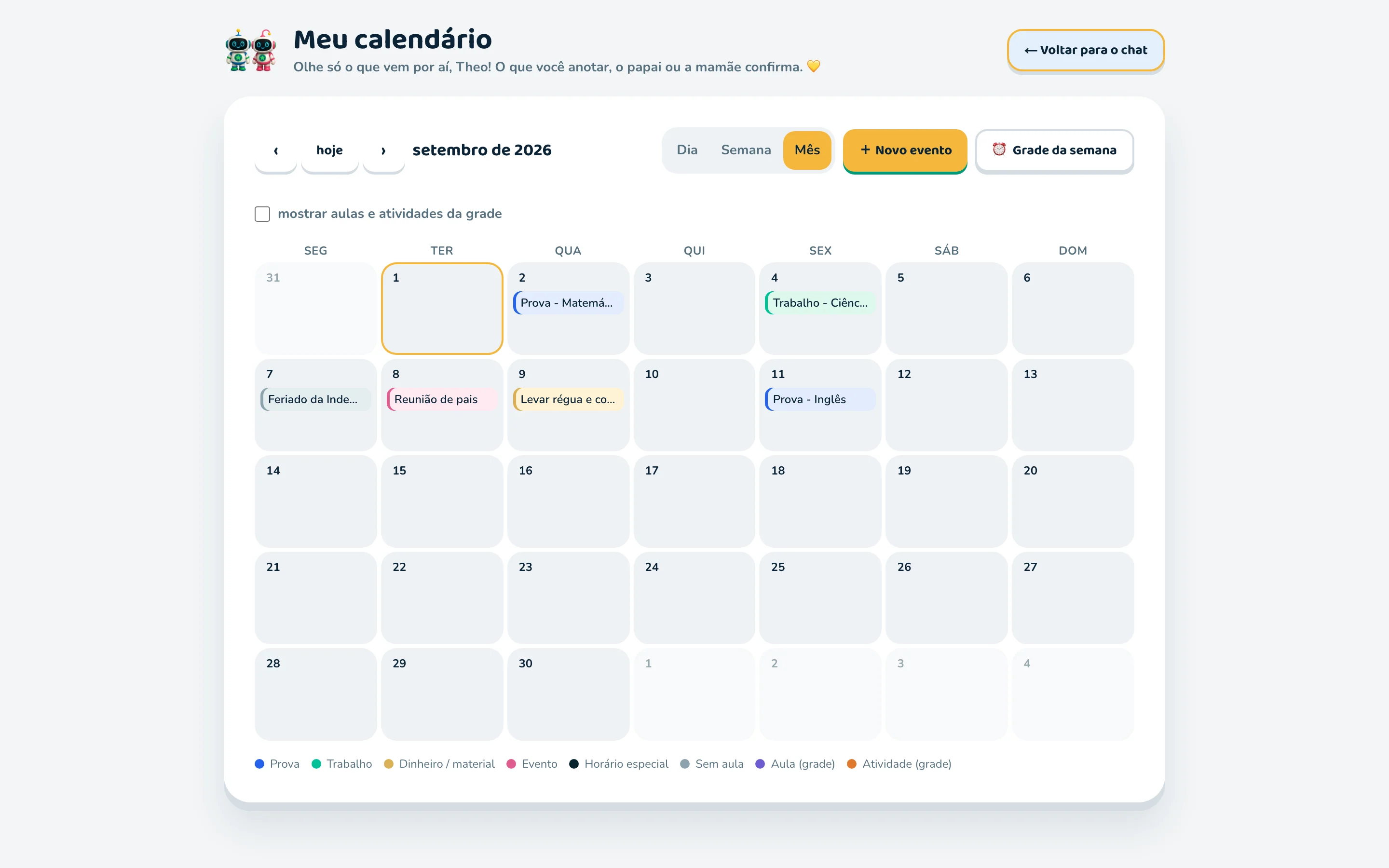 Meu calendário: o mês do Theo com provas, trabalho, feriado e a rotina da semana