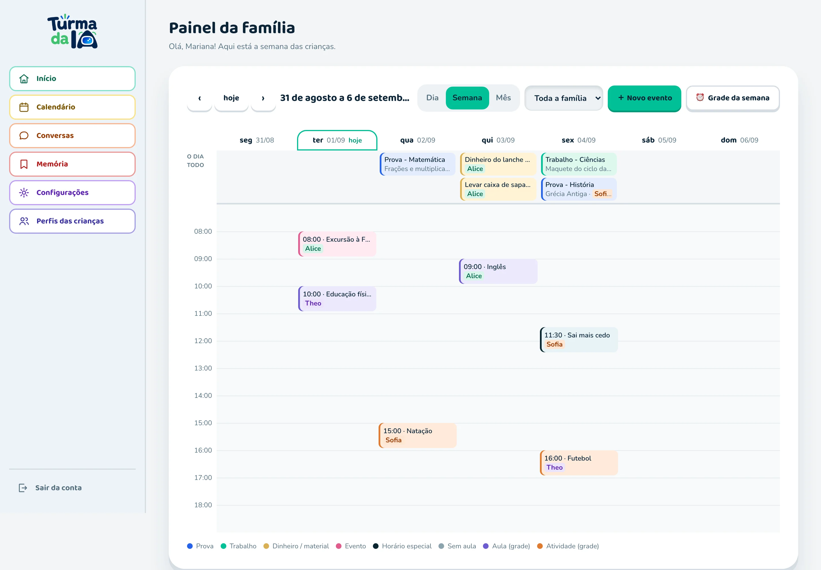 Painel da família: calendário da semana com provas, trabalhos, dinheiro para levar e a rotina das três crianças