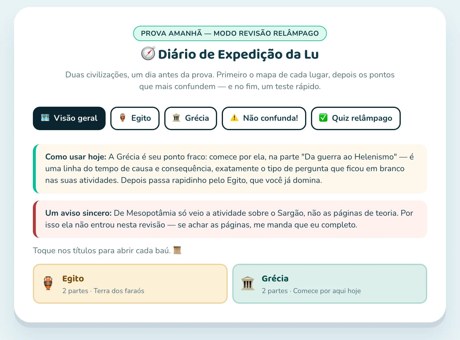 Revisão para prova: Diário de Expedição com abas Egito, Grécia, Não confunda e Quiz relâmpago